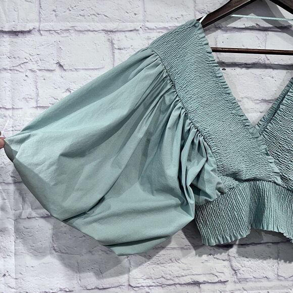 Zara Size Medium Teal Puff Ballon Sleeve V Neck Ruched Cropped Top Stretchy - Picture 3 of 11